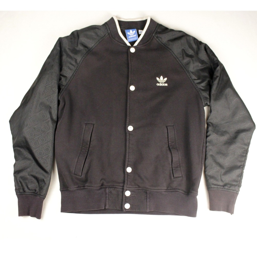 Adidas Originals Bomber Jacket L Black Snap Front Trefoil Logo Varsity